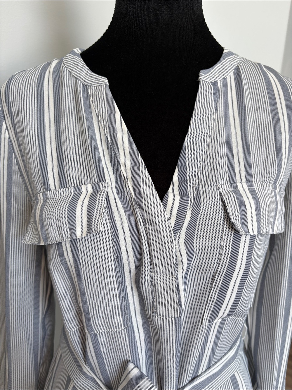 Dex Striped Long-Sleeve Shirt Dress in Gray and White - Picture 4 of 6